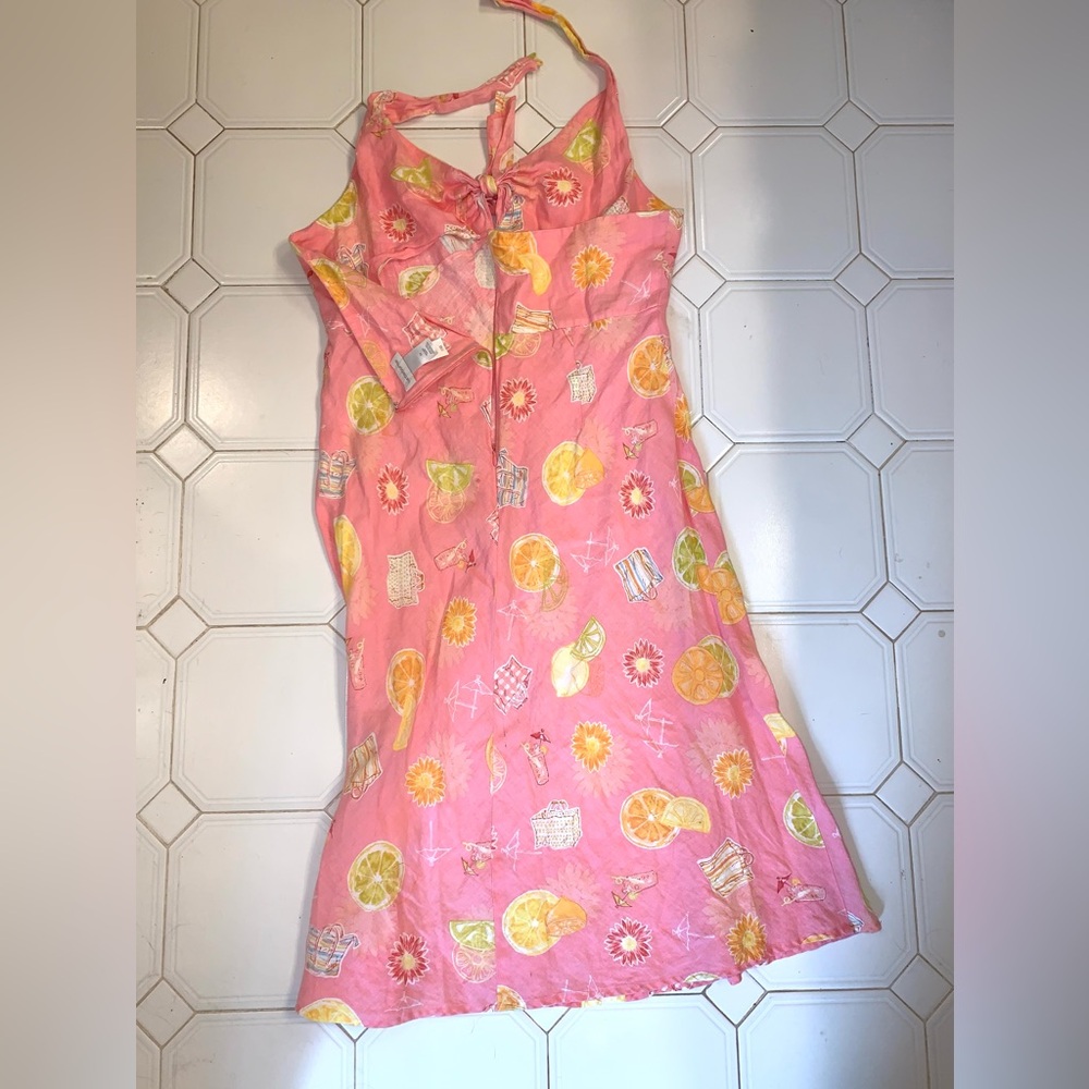 Liz Claiborne linen halter dress. Summer pink & lemon yellow print. Size 14. - Picture 2 of 7